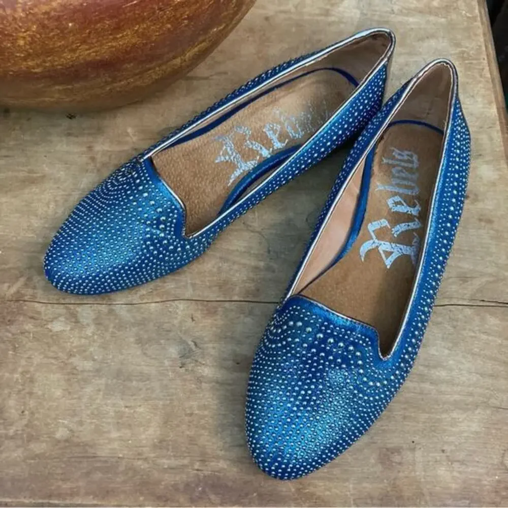 Rebels studded‎ loafer ballet flats metallic blue silver Glitzbot leather size 8